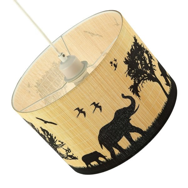 Modern Safari Bamboo Pendant Light Shade with Black Animals and Trees Image 4