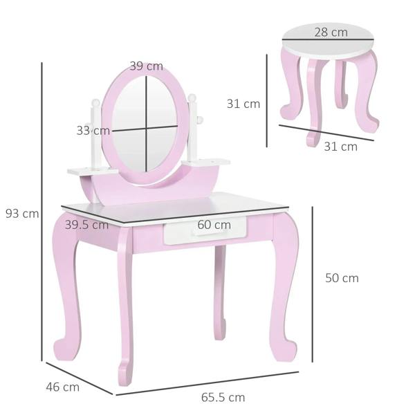 Pink kids dressing table set with mirror and stool, dimensions shown