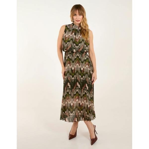 Blue Vanilla Tile Print High Neck Sleeveless Dress