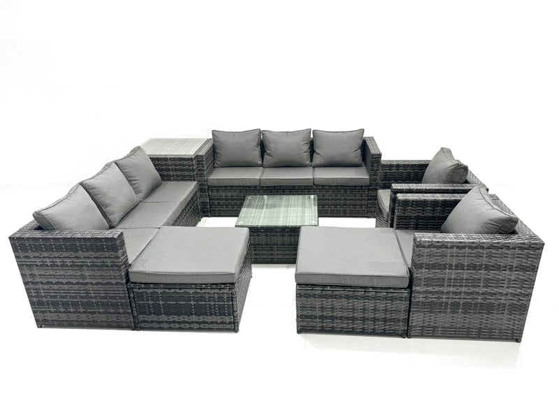 Fimous Outdoor Rattan Garden Furniture Set 10 Seater Sofa Set with Armchair Square Coffee Table Side Table 2 Big Footstool Dark Grey Mixed