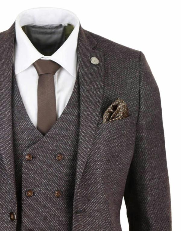 TruClothing Mens Brown Wool 3 Piece Suit Double Breasted Tweed Peaky Blinders 1920