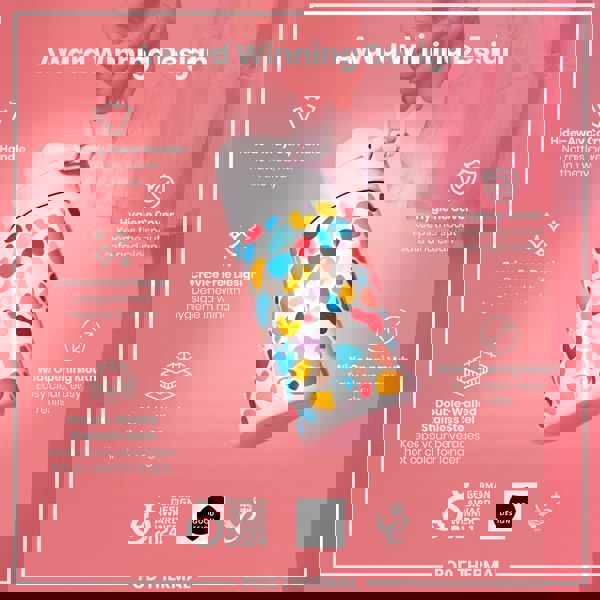 A colorful, double-walled stainless steel water bottle is being held against a pink background. The bottle features an award-winning design with a hide-away carry handle, crevice-free design, hygiene cover, and wide opening mouth. GERMAN DESIGN AWARD WINNER 2024, GOOD DESIGN, and 2021 logos are visible.