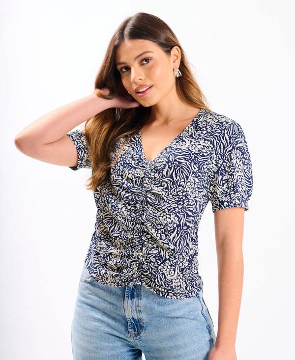 Needs No Label Navy Animal Printed Ruched Top