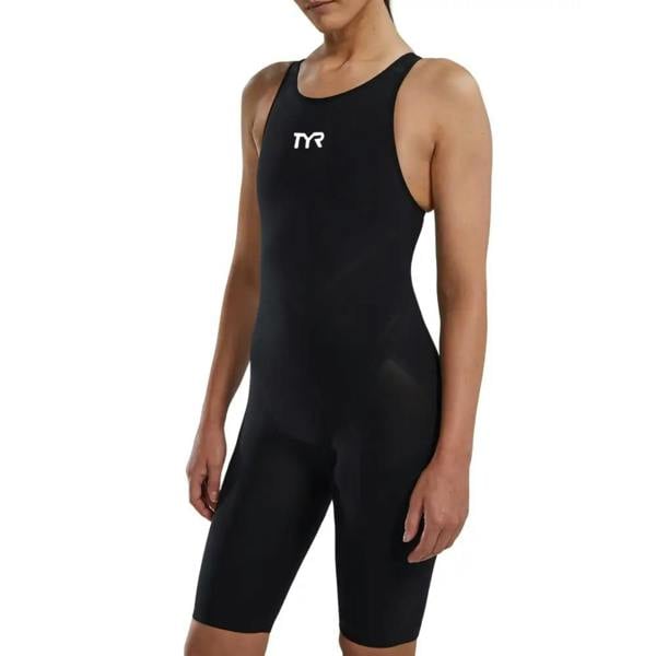 Sleek black TYR Venzo Open Back Kneeskin swimsuit with logo