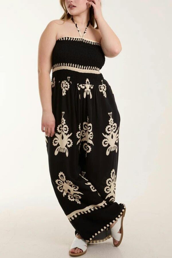 Hoxton Gal Oversized Tie Neck Printed Jumpsuit in Black and White