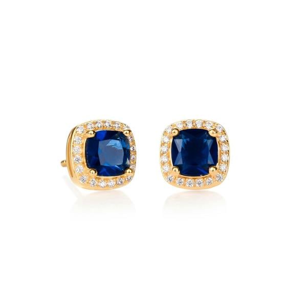 namana Gold Plated Sterling Silver Blue Cubic Zirconia Cushion Halo Stud Earrings