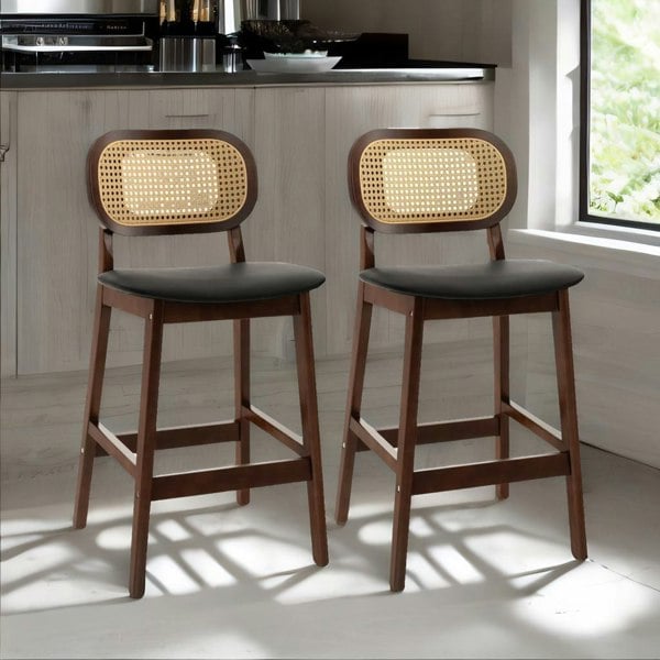 Rafaelo Mobilia Set Of 2 Faux Leather Bar Stools With Rattan Back and Wooden Legs Brown