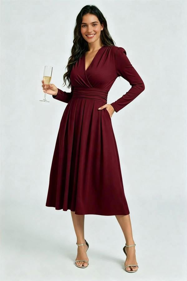 FS Collection Jersey Long Sleeve Midi Dress In Burgundy