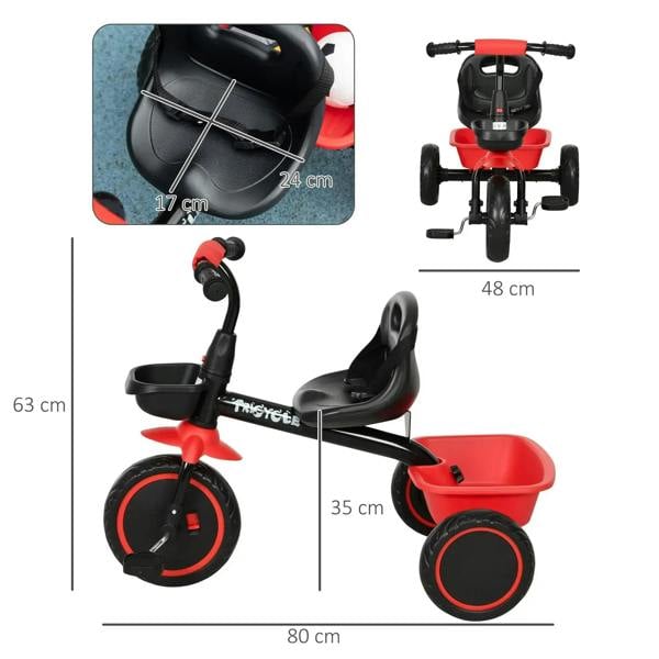 Red three-wheel kids tricycle with adjustable seat and front basket, side view