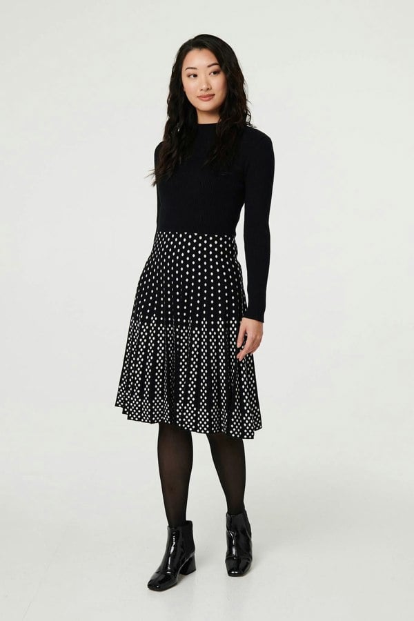 Black | Polka Dot Pleated Knit Skater Midi Dress
