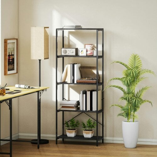 Wyld Haus Livemi Metal And Wood Dark Grey And Black 5 Tier Industrial Bookcase