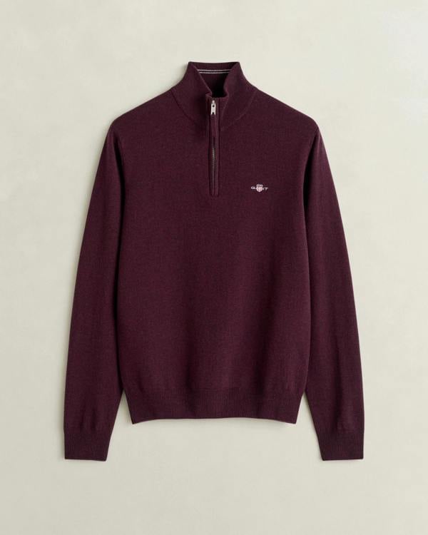 GANT Mens Superfine Lambswool Half Zip Sweater - 667 Darkened Wine | CHO | Designer Mens Half Zip Jumpers