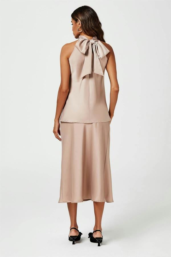 FS Collection Satin Halter Neck Tie Back Top In Light Brown