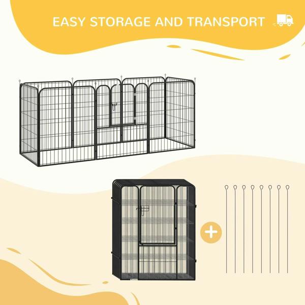 Black metal puppy playpen with foldable panels for transport and storage.