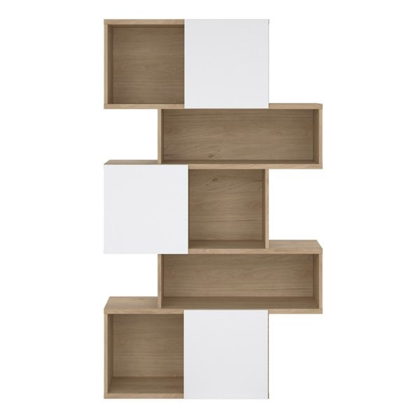 Furniture To Go Maze Asymmetrical Bookcase with 3 Doors in Jackson Hickory and White High Gloss