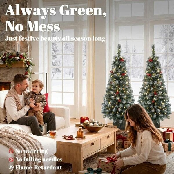 Bobobiy 4ft Pre-Lit Slim Artificial Christmas Tree Set of 2, with 100 Dual-Colour LED Lights, 140 Frosted Branch Tips