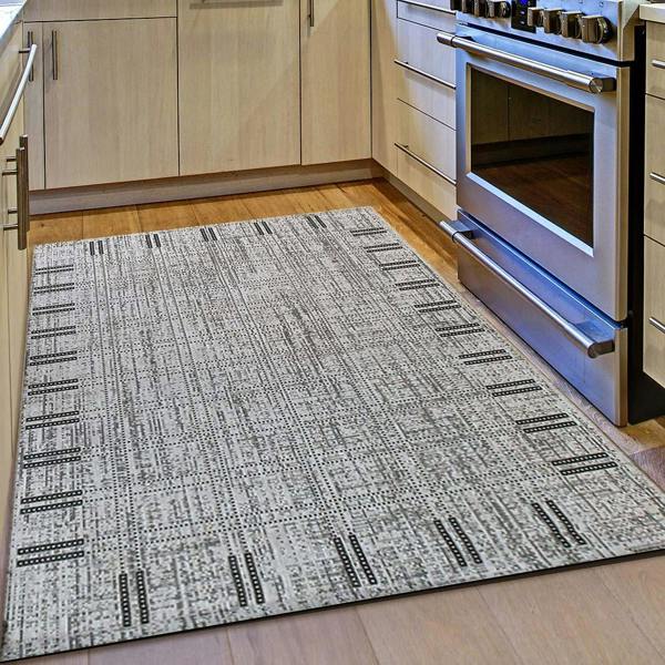 Kitchen Rug Grey Black Border Pattern Hard Wearing Flat Weave Carpet Indoor Floor Mat