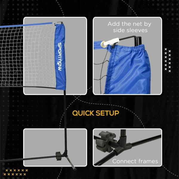 Blue sports net setup shown with carry bag and connected support frames