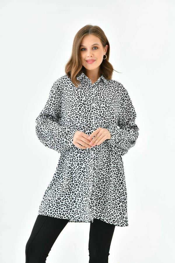 Hoxton Gal Oversized Balloon Sleeves Shirt Tunic with Leopard Print in Brown and Black