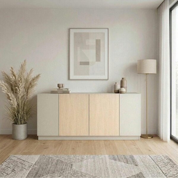 Decortie Victor Console Sideboard 4 Doors Sandstone Sonoma Oak White 170 x 42.1 x 80.3 cm (Sandstone and Sonoma Oak and White)
