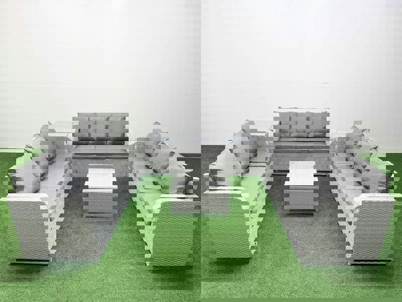 Fimous PE Rattan Lounge Sofa Set 9 Seater Outdoor Garden Furniture Set with Square Coffee Table 3 Seater Sofa Side Table Light Grey