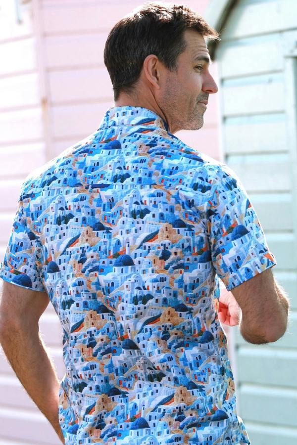 ESCAPE TO SANTORINI PRINTED SHORT SLEEVE SHIRT – Premium Men's Patterned Shirt by Claudio Lugli | Bold Design, Tailored Fit, Best Printed Shirts