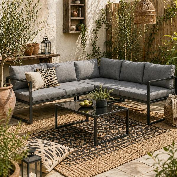 Wyld Haus Liketti Metal Grey 5 Seater L Shaped Garden Sofa Set With Cushions and Glass Table