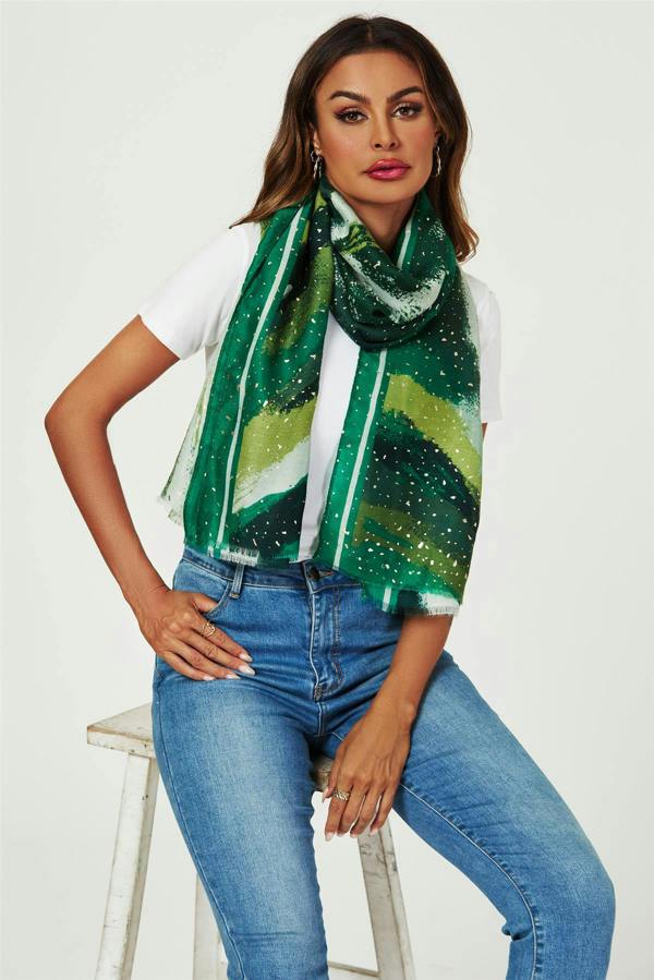 FS Collection Gold Foil Abstract Brush Print Fringed edges Scarf In Green