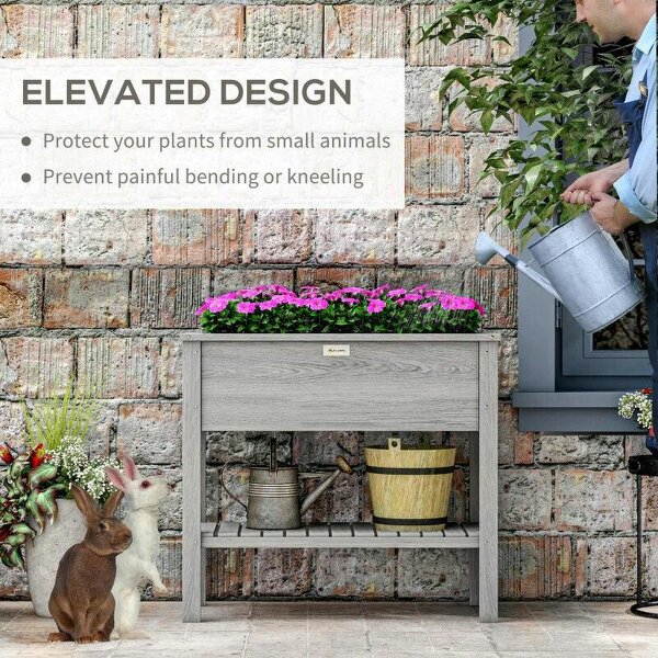 Wooden Raised Garden Bed, Elevated Planter Box with Storage Shelf and Drainage Holes, Raised Planter with Legs, Grey