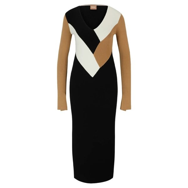 Boss Womens/Ladies Florency Ribbed Long-Sleeved Midi Dress - Black/White/Beige