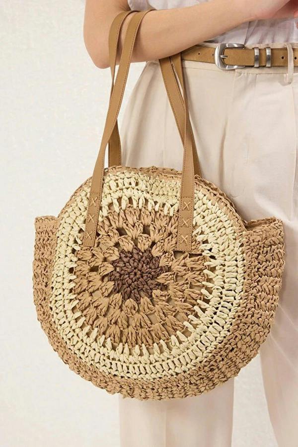 WOVCOR Color Block Hand-Knitted Woven Straw Women's Medium Size Round Shoulder Bag