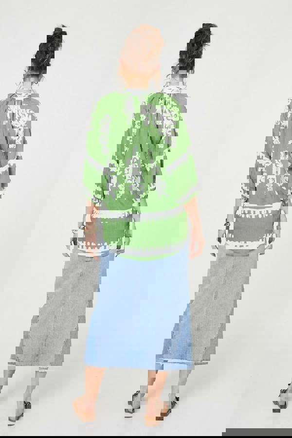 Green | Ikat Print 3/4 Sleeve Relaxed Blouse
