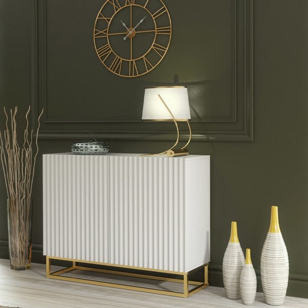 Mex Furniture Graceful White Sideboard with Fluted Fronts & Gold Legs – 100cm Storage Unit