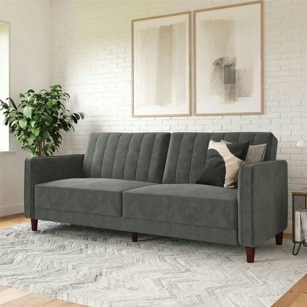 Dorel Home Pin Tufted Transitional 3 Seater Sofa Bed in Velvet Grey