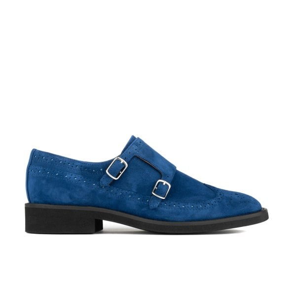 Embassy London Windsor - Blue - Women's blue suede leather monk shoe with brogue detailing