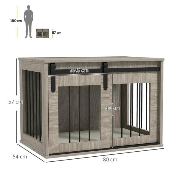 Dog crate furniture with front bar opening, sliding-latch front, and top cover panel