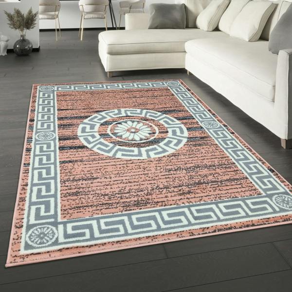 Pink Grey Marble Rug Greek Large Small XL Soft Modern Bordered Living Room Bedroom Carpet Rug