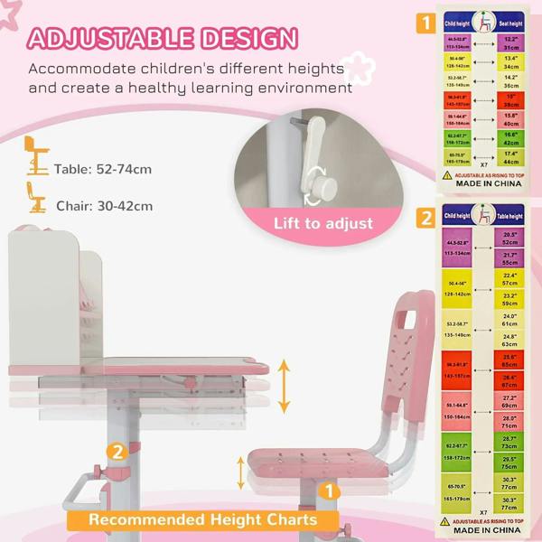 Pink adjustable kids study table and chair with lift mechanism and height settings