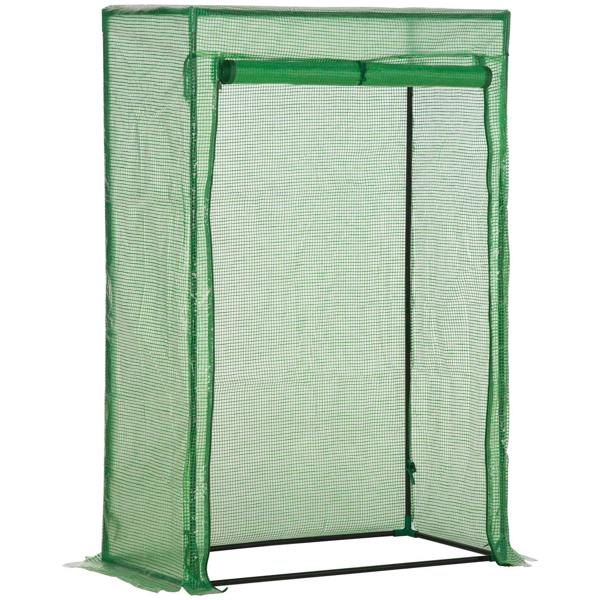 Green mini greenhouse with PE cover, roll-up front door, and steel frame