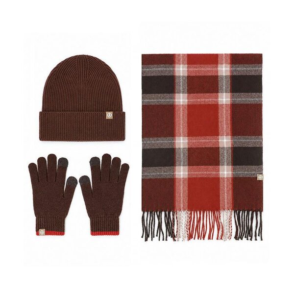 Obasyhig Christmas Check Knitted Hat Scarf and Gloves 3 Piece Set - Reddish Brown
