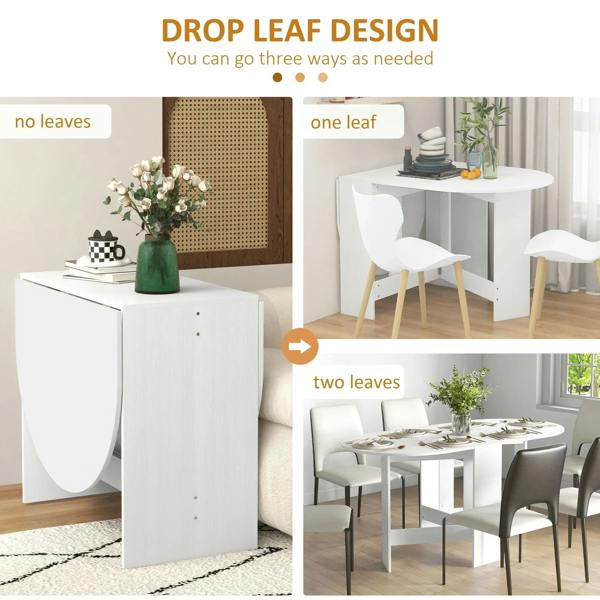 White drop-leaf folding dining table with leaves shown in multiple positions