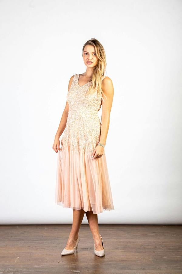 LuvForever Peach  Sequin Embellished V- Neck  Midi Dress