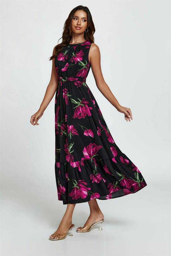 FS Collection Floral Print Halterneck Maxi Dress In Black