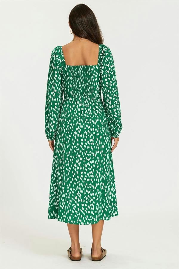 FS Collection Brushstroke Print Long Sleeve Heart Neckline Midi Dress In Green