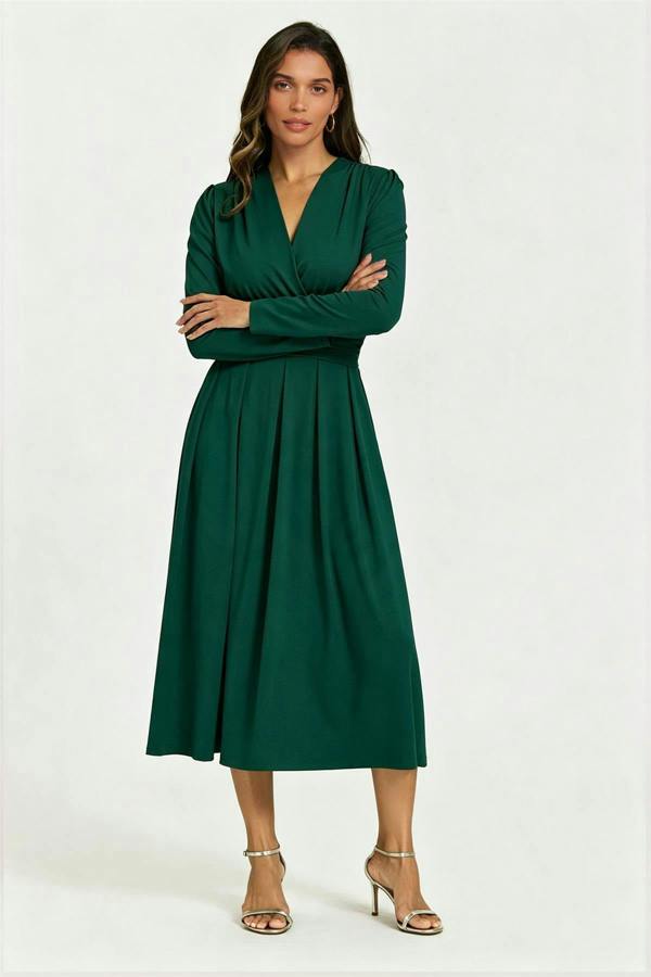 FS Collection Jersey Long Sleeve Midi Dress In ForestGreen