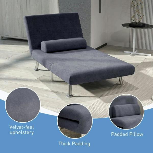 Charcoal grey velvet-look sleeper chair with thick padding and rounded headrest