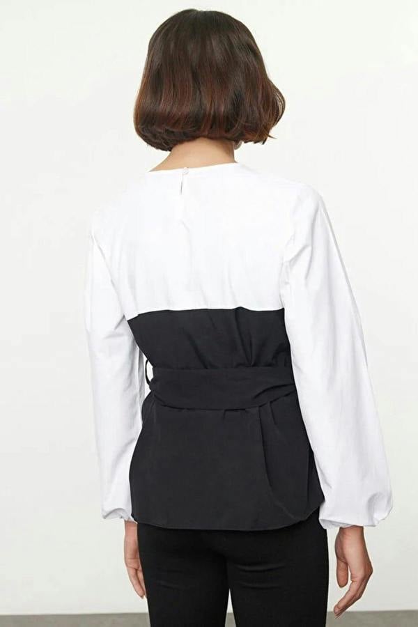 WOVCOR Balloon Sleeve Belted Woven Blouse