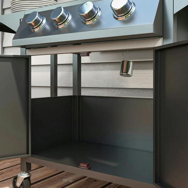 Black BBQ grill storage cabinet with interior compartments and a hanging grease drip cup