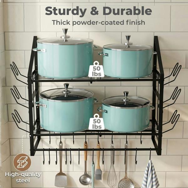 TOQUE Pot Rack Kitchen Storage Organiser Shelf Pan Rack 20 Hooks Lid Holders