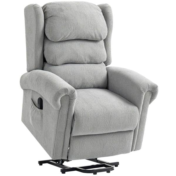 Grey velvet-feel electric riser recliner chair with padded arms and visible base.
